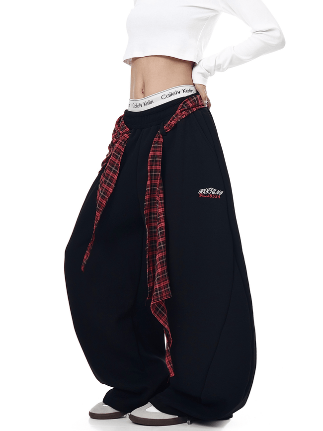Detachable Plaid Wrap Baggy Wide‑Leg Sweatpants Main Image