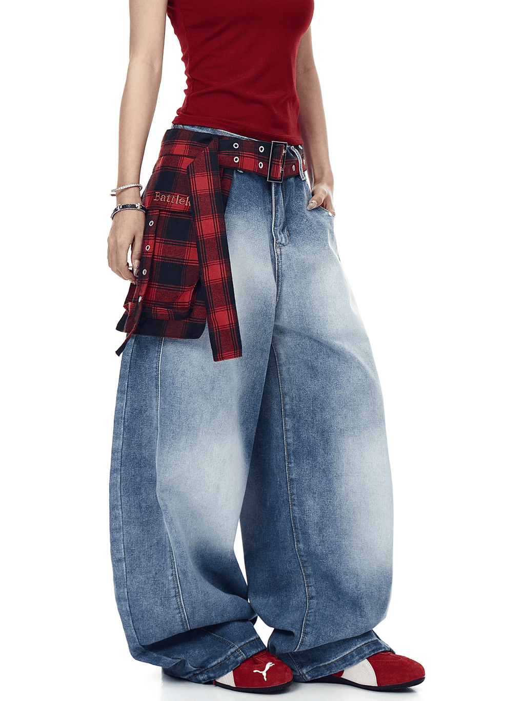 Detachable Plaid Wrap‑Belt Wide‑Leg Jeans - COPPING THREADS - CT Select