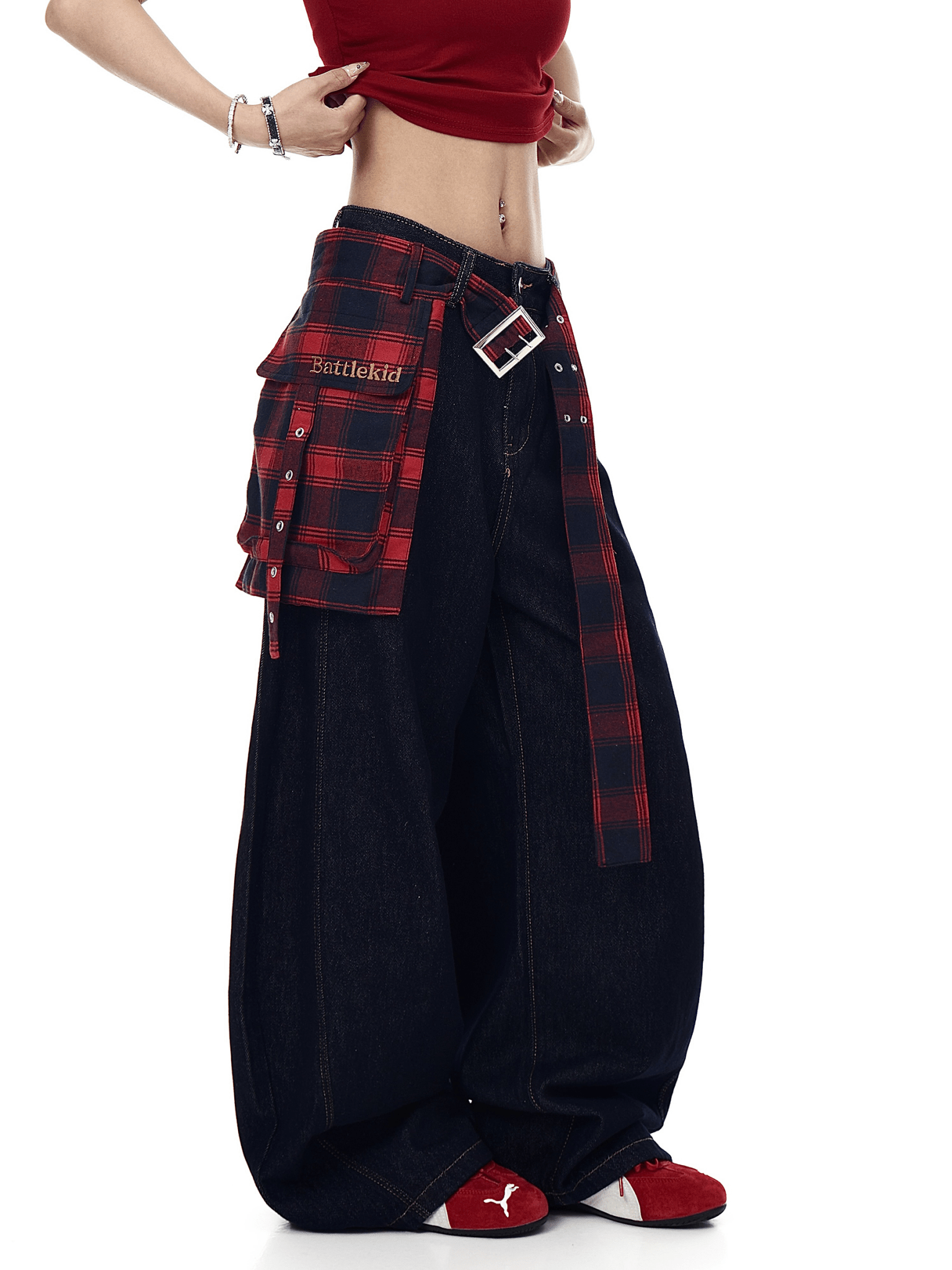 Detachable Plaid Wrap‑Belt Wide‑Leg Jeans - COPPING THREADS - CT Select