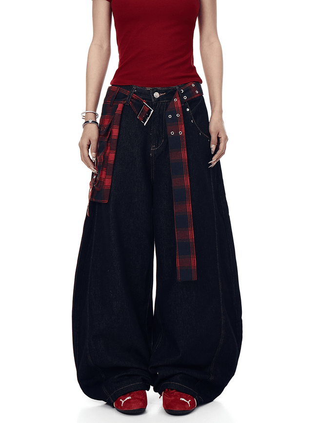 Detachable Plaid Wrap‑Belt Wide‑Leg Jeans - COPPING THREADS - CT Select Hover Image