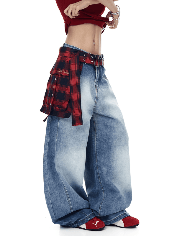 Detachable Plaid Wrap‑Belt Wide‑Leg Jeans - COPPING THREADS - CT Select
