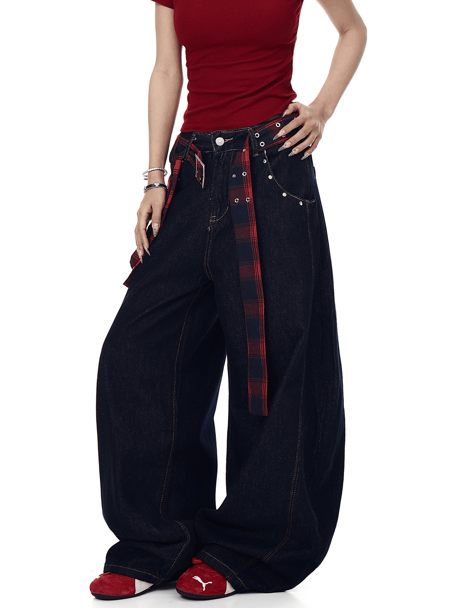 Detachable Plaid Wrap‑Belt Wide‑Leg Jeans - COPPING THREADS - CT Select
