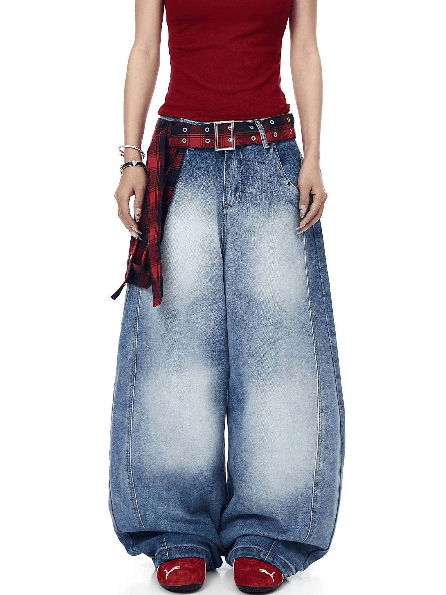 Detachable Plaid Wrap‑Belt Wide‑Leg Jeans - COPPING THREADS - CT Select