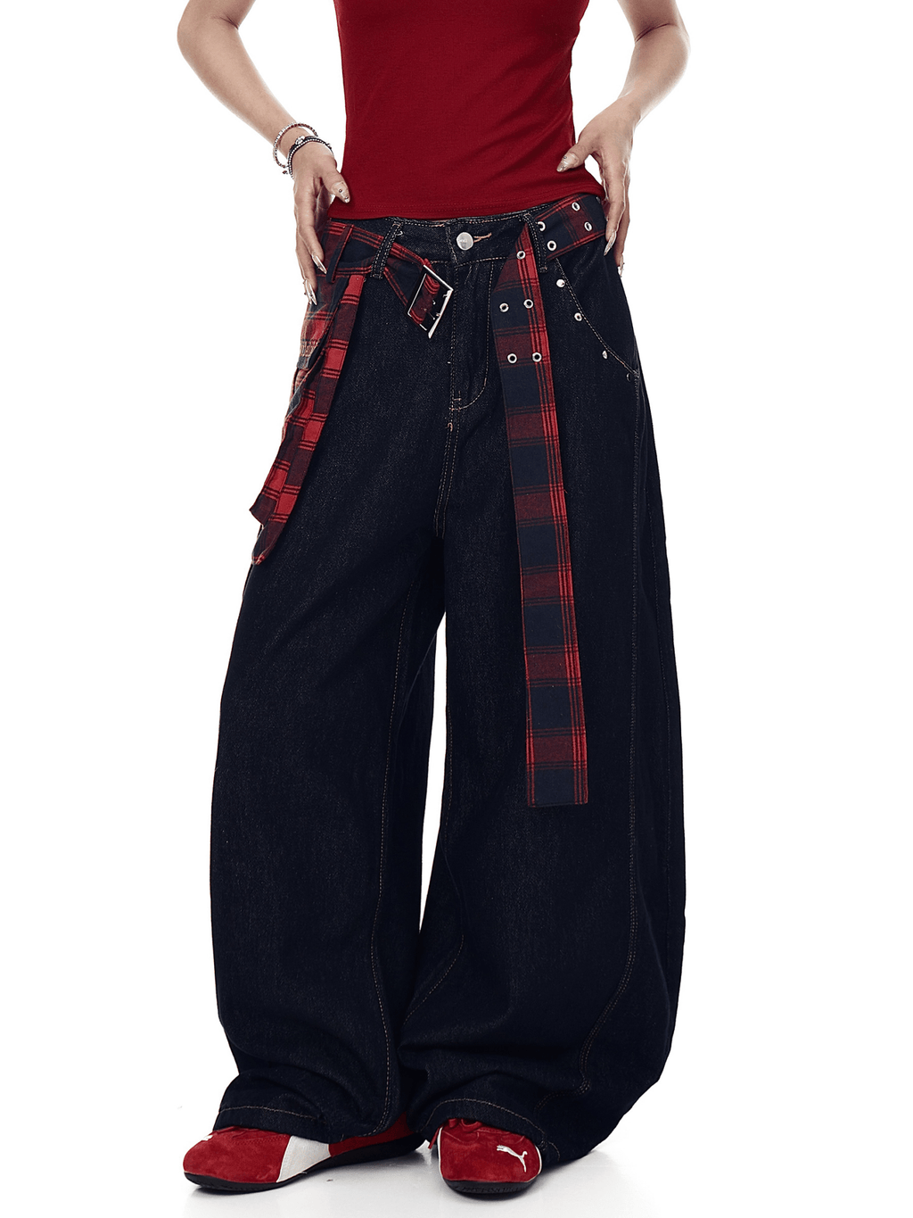 Detachable Plaid Wrap‑Belt Wide‑Leg Jeans - COPPING THREADS - CT Select