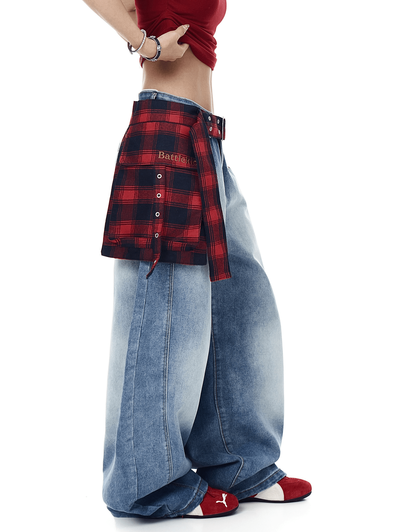 Detachable Plaid Wrap‑Belt Wide‑Leg Jeans - COPPING THREADS - CT Select