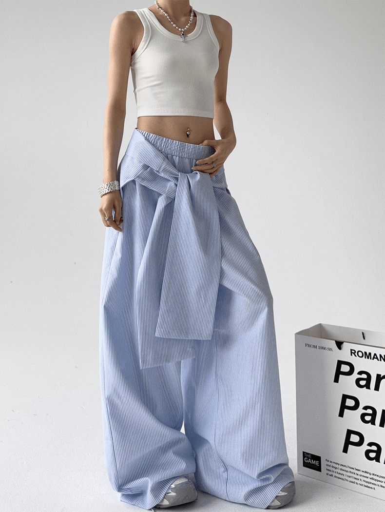 Detachable Tie Striped Wide‑Leg Pants - COPPING THREADS - CT Select