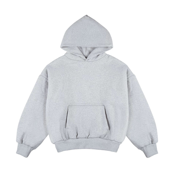 IDLT hoodie, heather gray front.