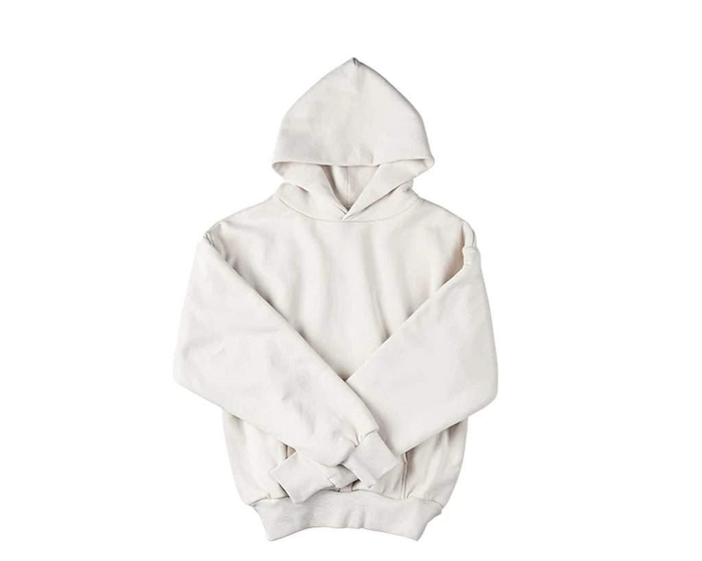 IDLT hoodie, cream front with crossed sleeves.