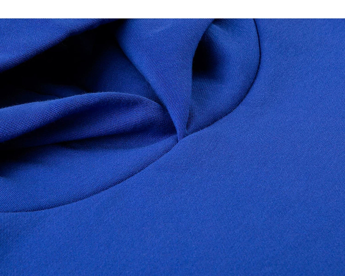 IDLT hoodie, blue overlapping neckline.