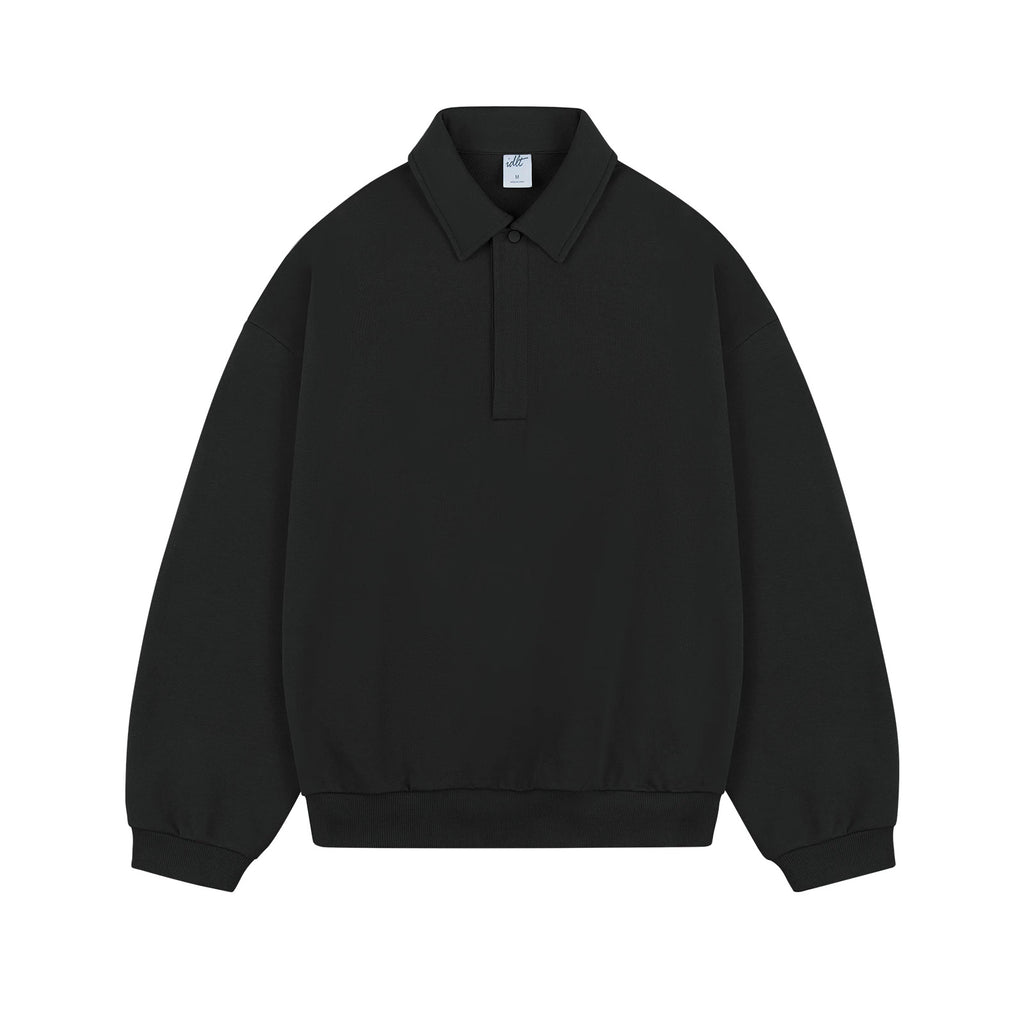 IDLT polo sweatshirt, black front.