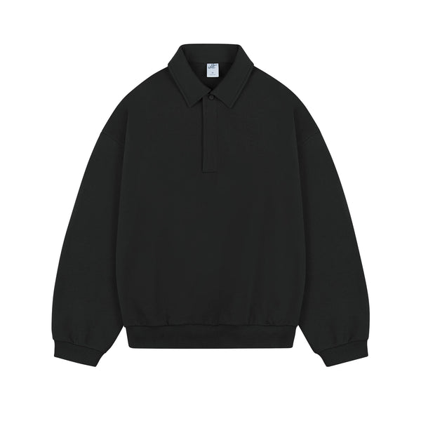 IDLT polo sweatshirt, black front.