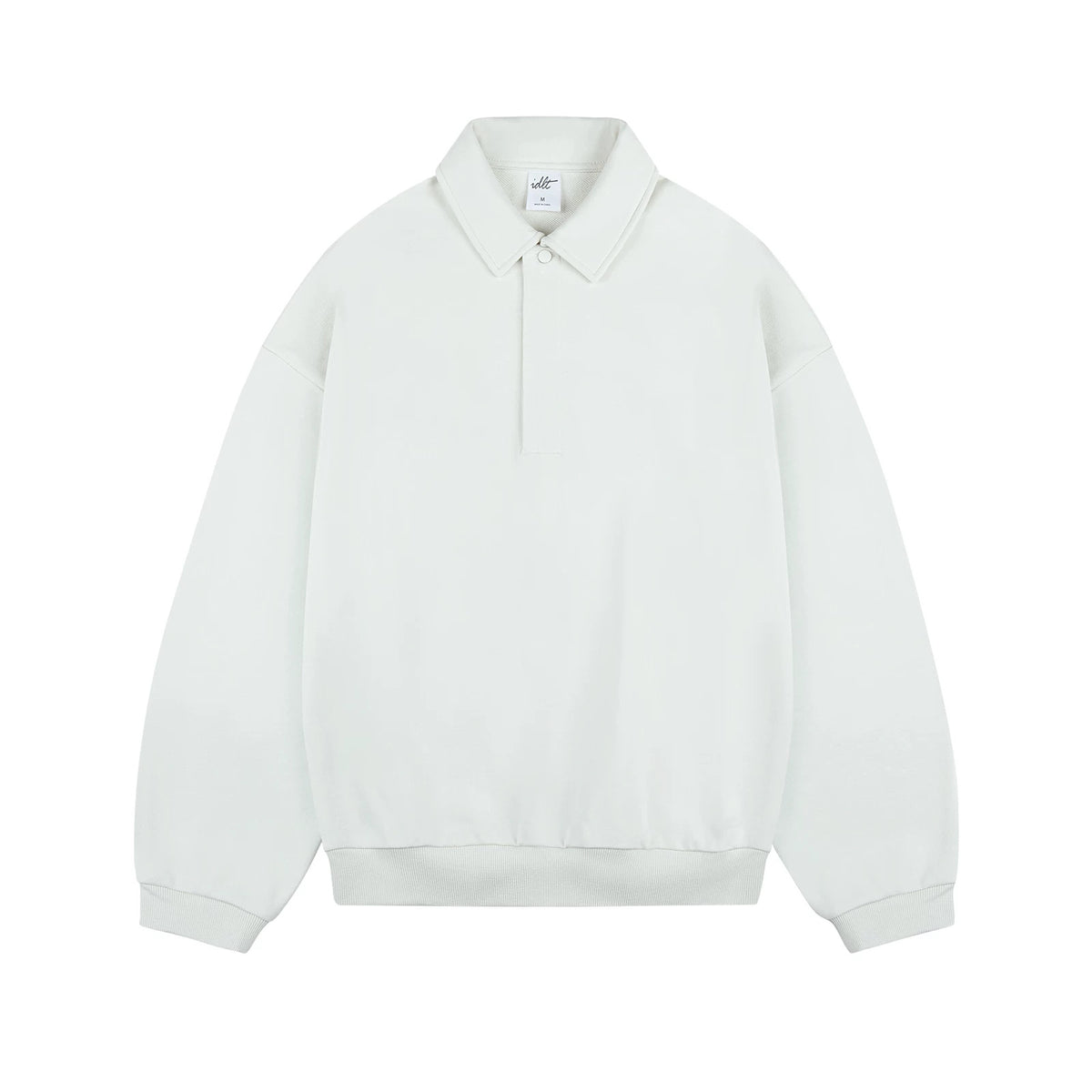 IDLT polo sweatshirt, white front.