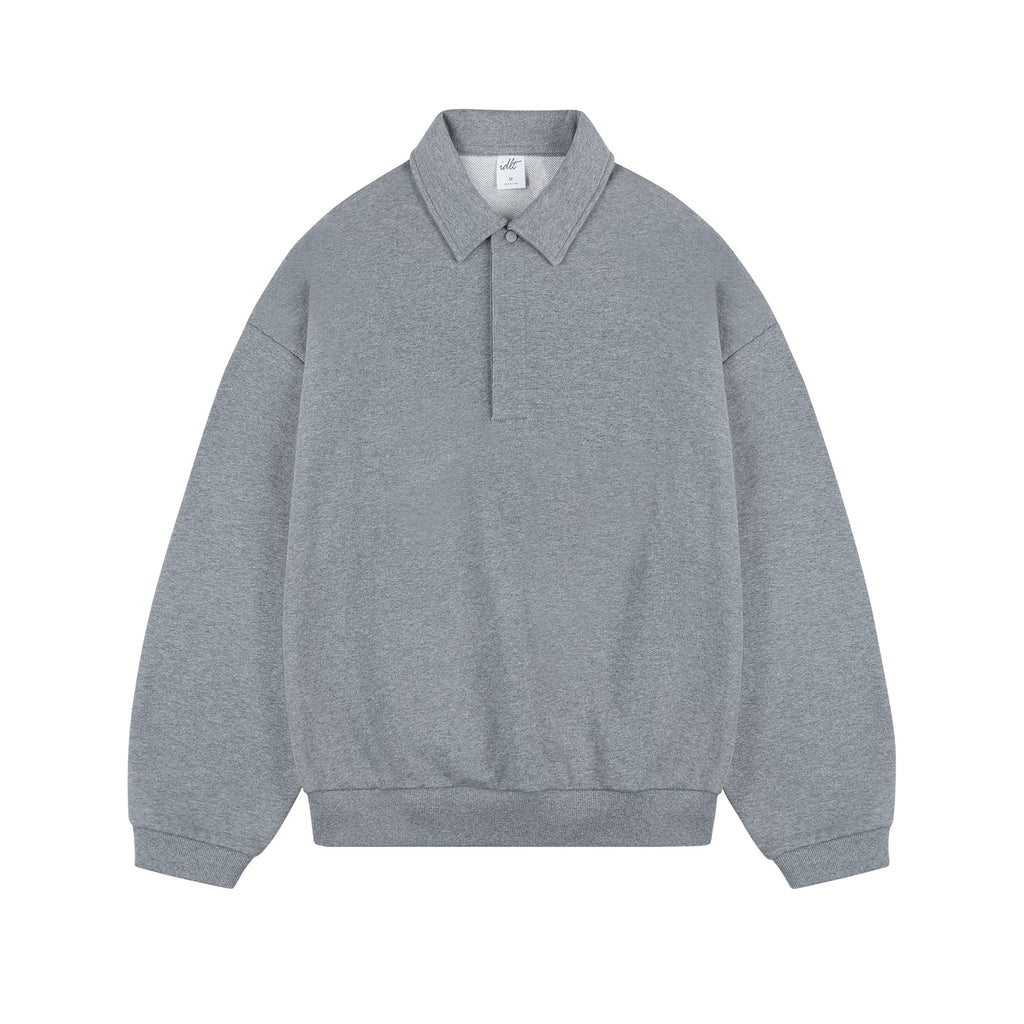 IDLT polo sweatshirt, heather gray front.