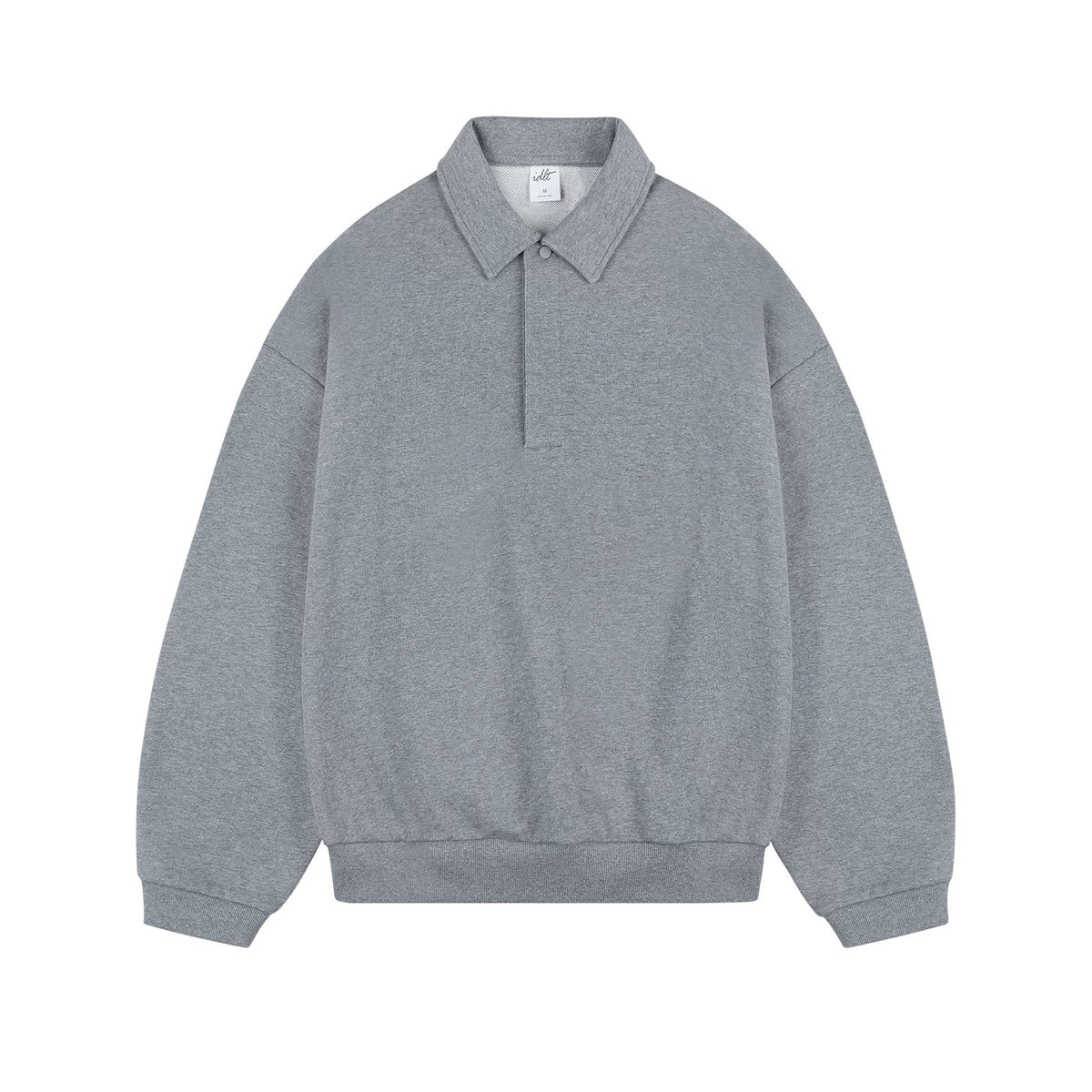 IDLT polo sweatshirt, heather gray front.