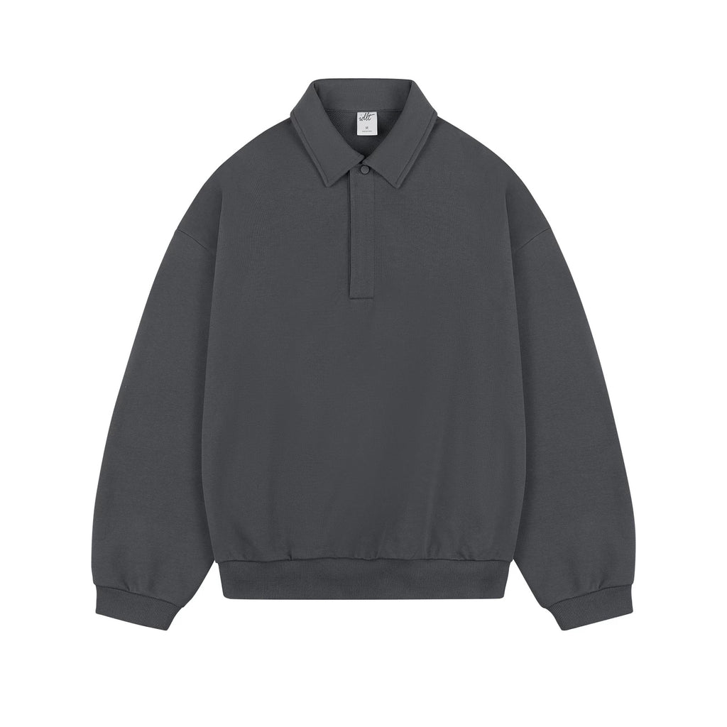 IDLT polo sweatshirt, dark gray front.