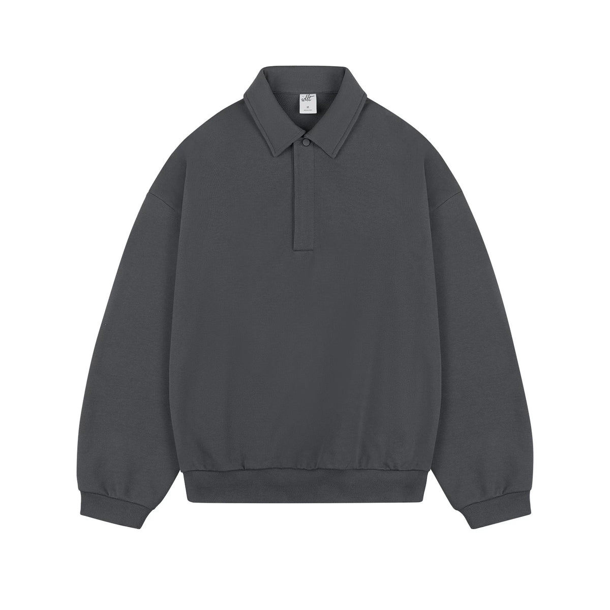 IDLT polo sweatshirt, dark gray front.