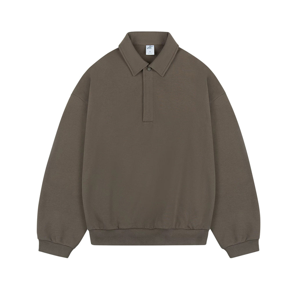 IDLT polo sweatshirt, brown front.