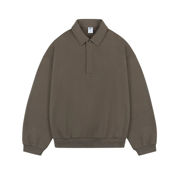 IDLT polo sweatshirt, brown front.