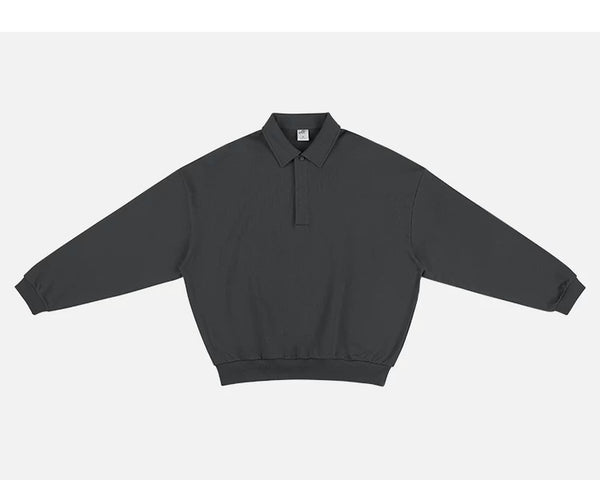 IDLT polo sweatshirt, dark gray front with spread sleeves.