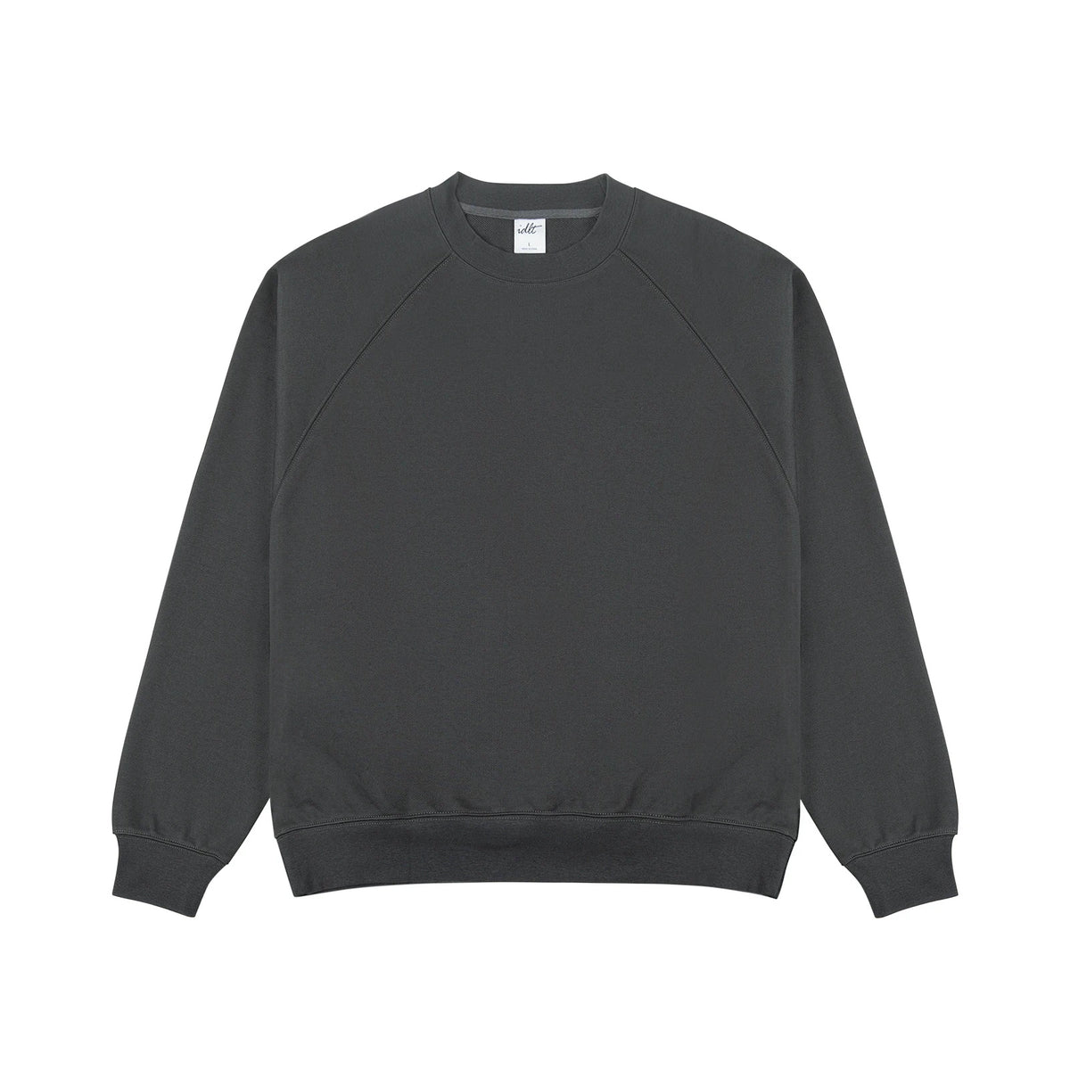 IDLT raglan sweatshirt, dark gray front.