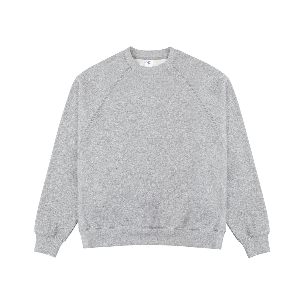 IDLT raglan sweatshirt, heather gray front.