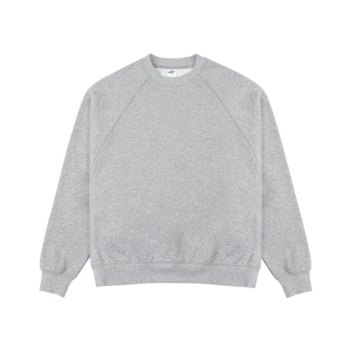 IDLT raglan sweatshirt, heather gray front.