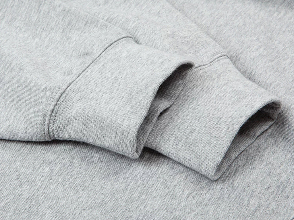 IDLT raglan sweatshirt, heather gray ribbed cuffs.