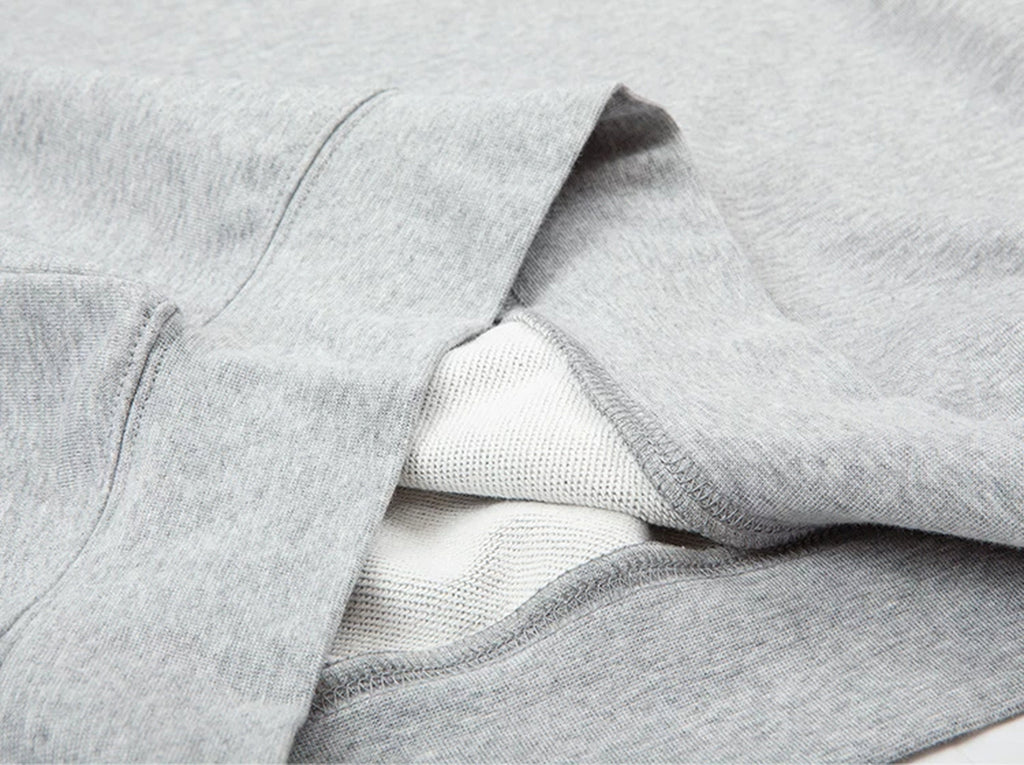 IDLT raglan sweatshirt, heather gray hem and inner knit.