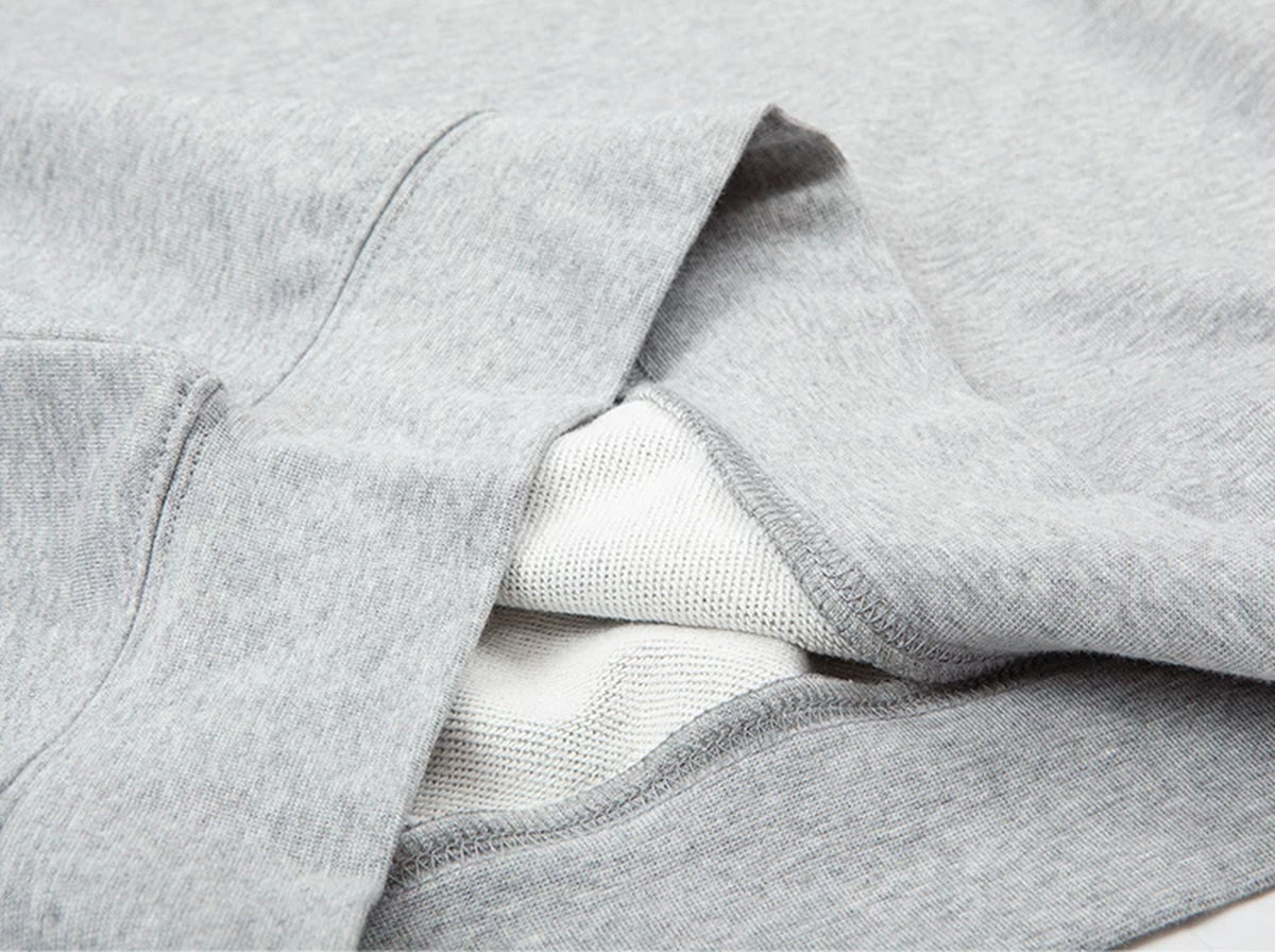 IDLT raglan sweatshirt, heather gray hem and inner knit.
