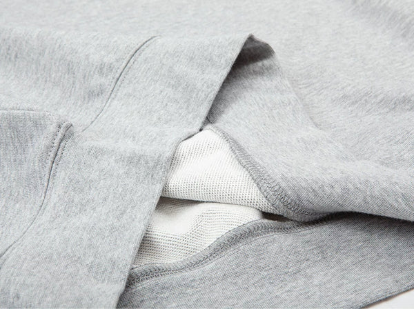 IDLT raglan sweatshirt, heather gray hem and inner knit.