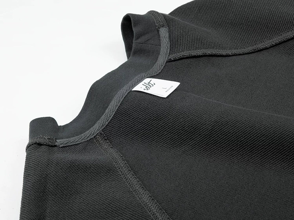 IDLT raglan sweatshirt, dark gray inner neckline and label.