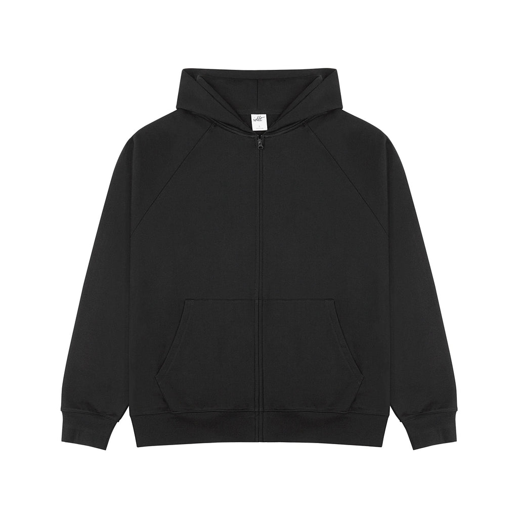IDLT zip hoodie, black front.