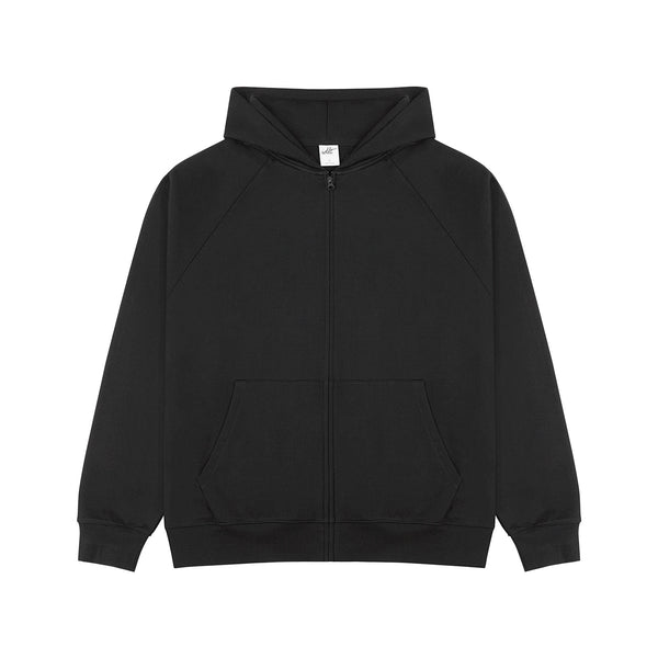 IDLT zip hoodie, black front.