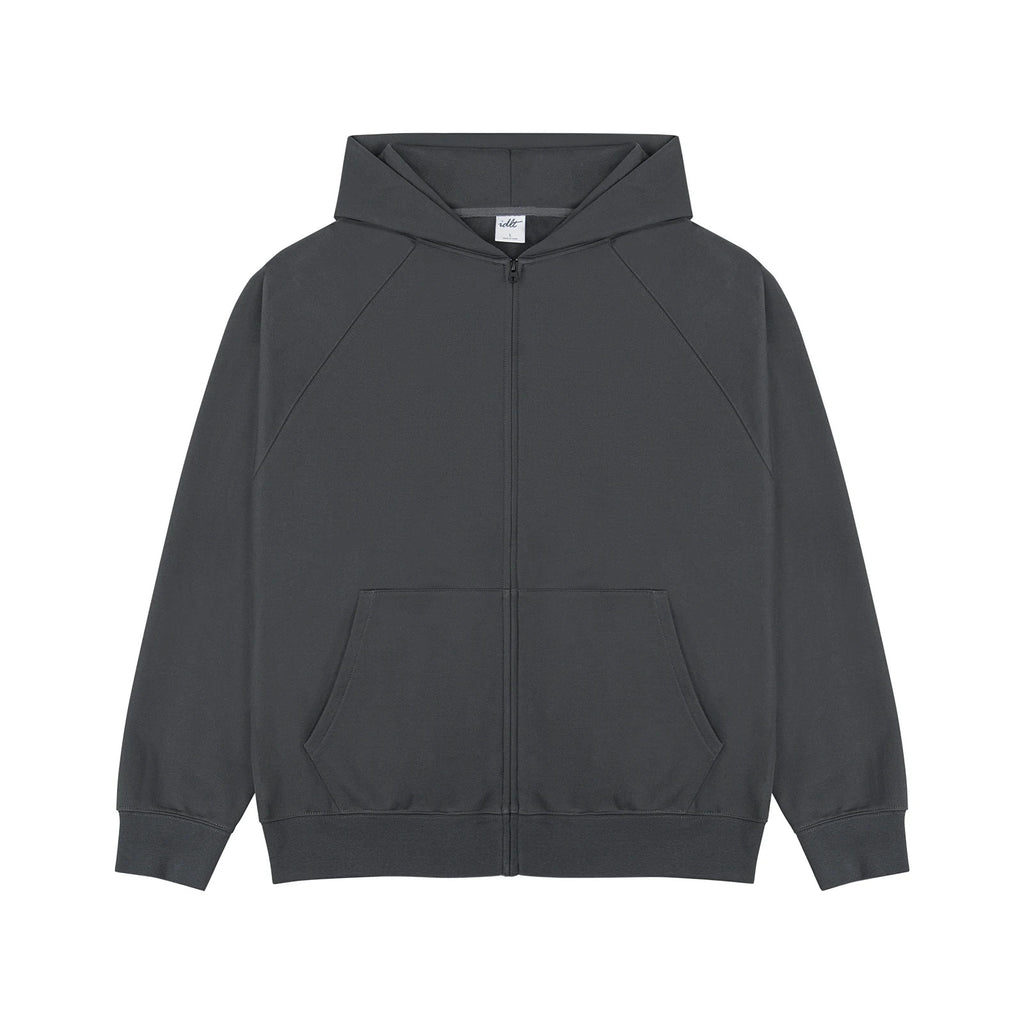 IDLT zip hoodie, dark gray front.