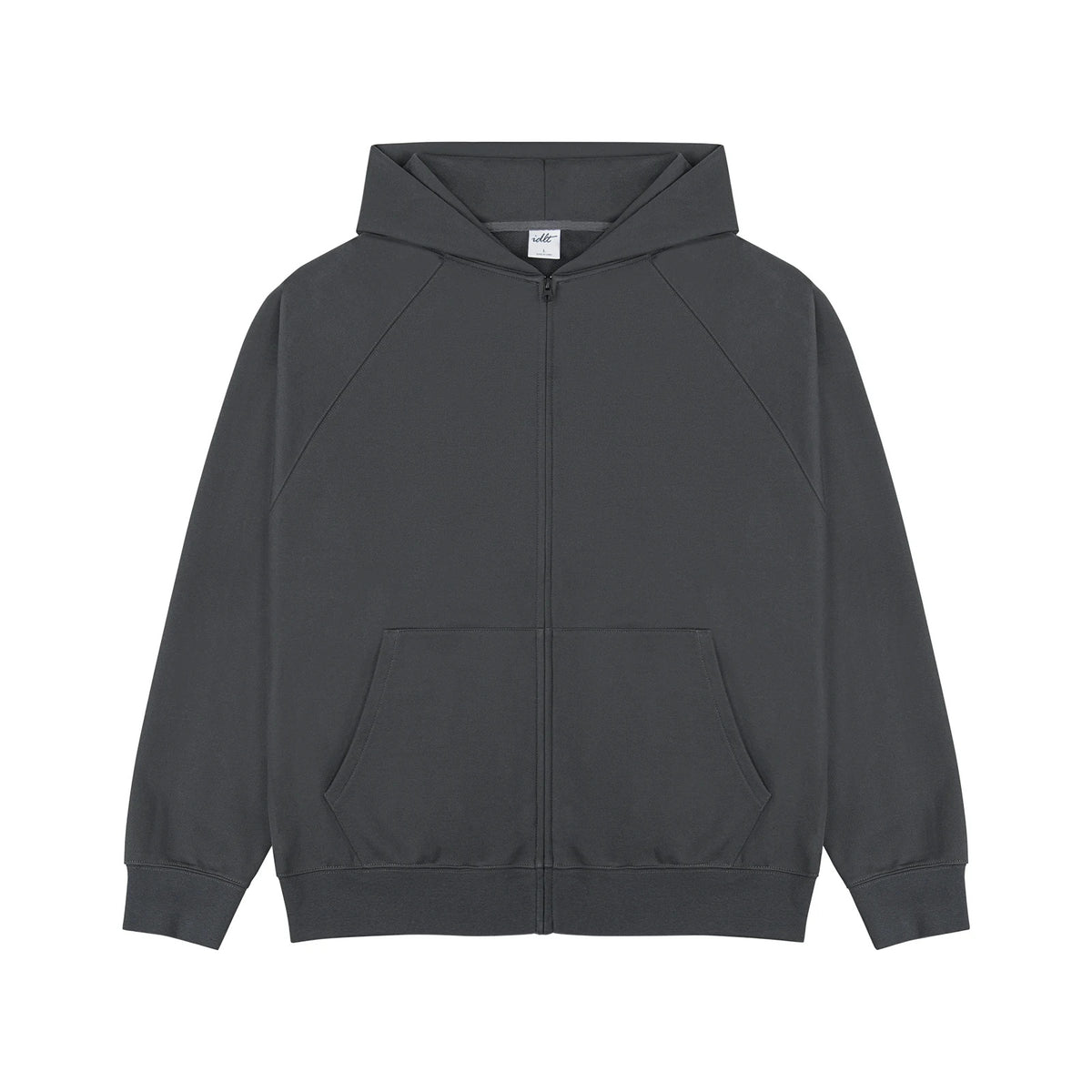 IDLT zip hoodie, dark gray front.