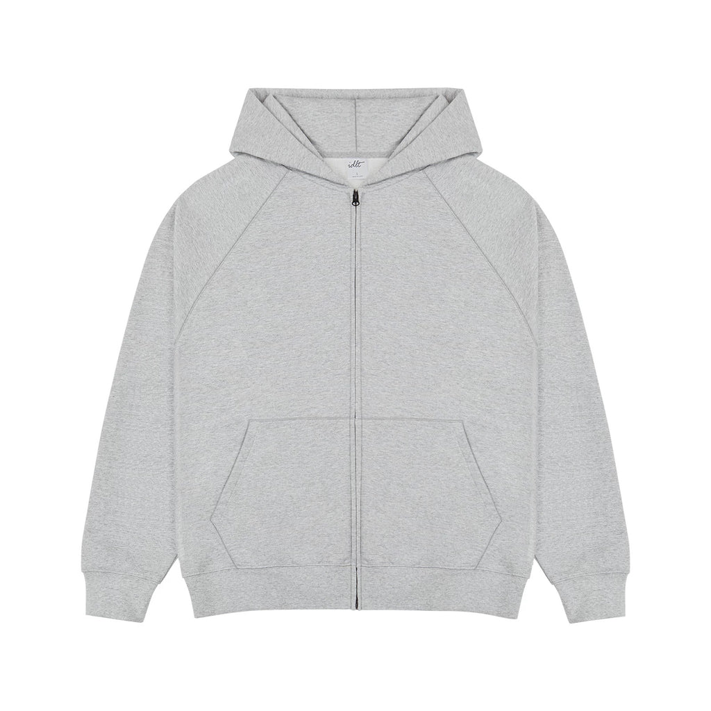 IDLT zip hoodie, heather gray front.