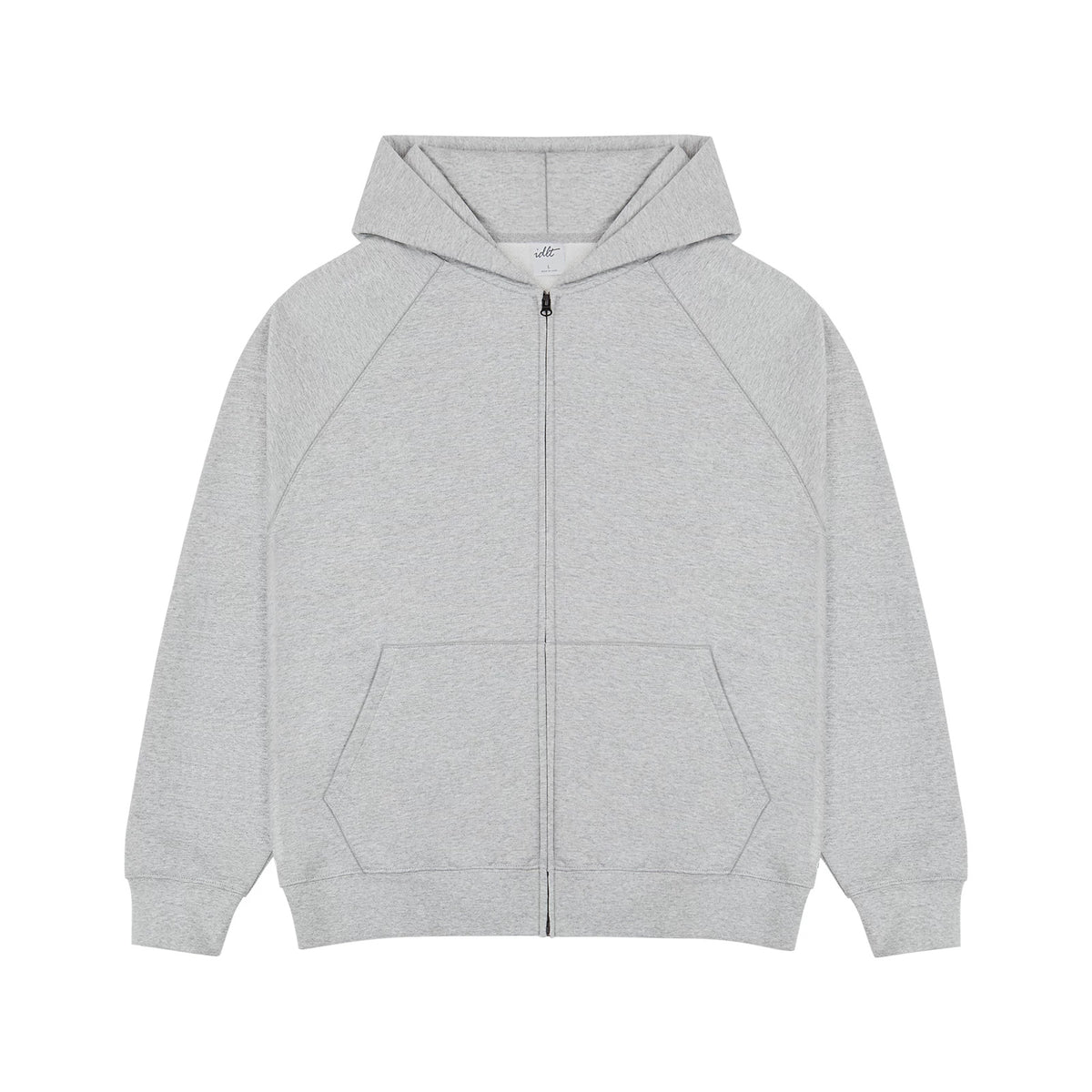 IDLT zip hoodie, heather gray front.
