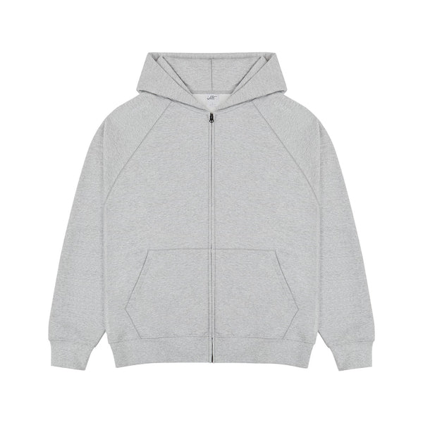 IDLT zip hoodie, heather gray front.