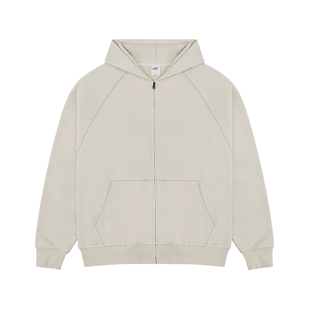 IDLT zip hoodie, cream front.