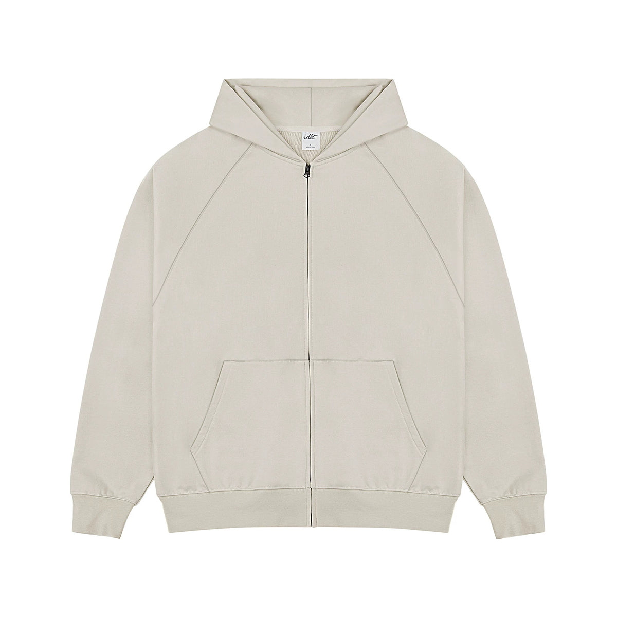 IDLT zip hoodie, cream front.