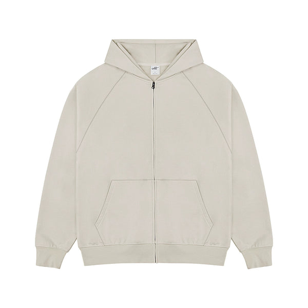 IDLT zip hoodie, cream front.