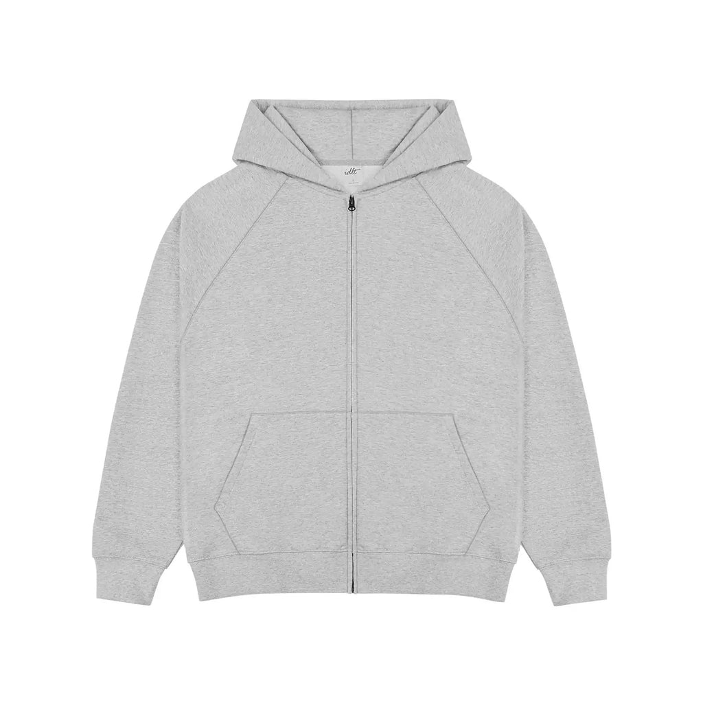 IDLT zip hoodie, heather gray front laid flat.