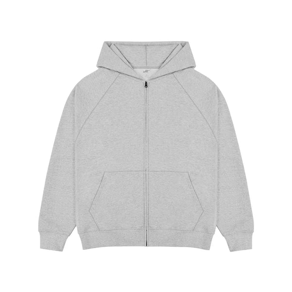 IDLT zip hoodie, heather gray front laid flat.