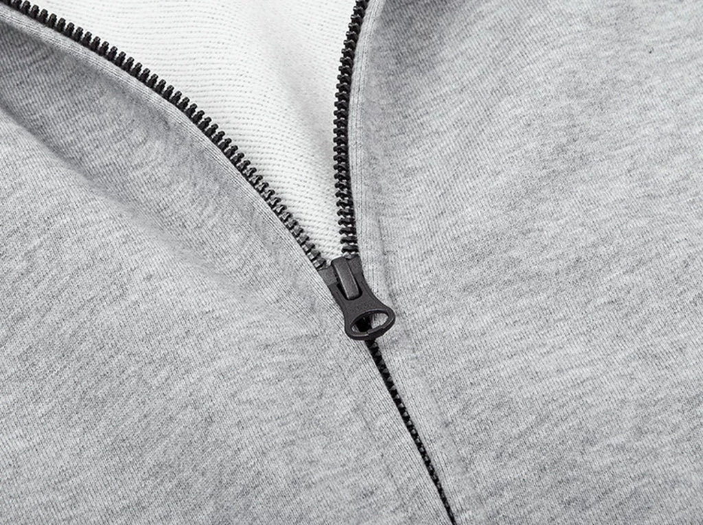 IDLT zip hoodie, heather gray upper zipper.