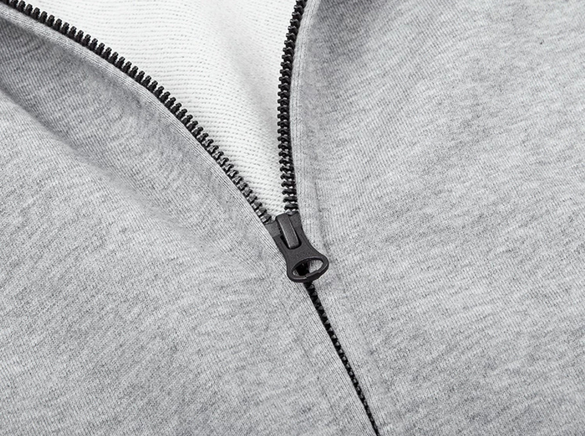 IDLT zip hoodie, heather gray upper zipper.
