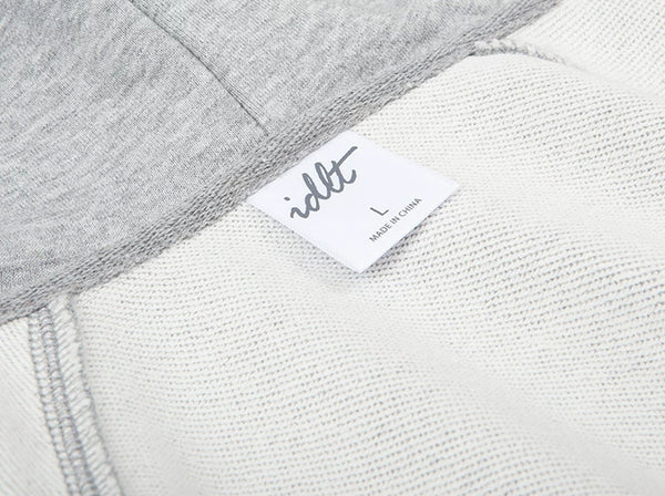 IDLT zip hoodie, heather gray inner label.