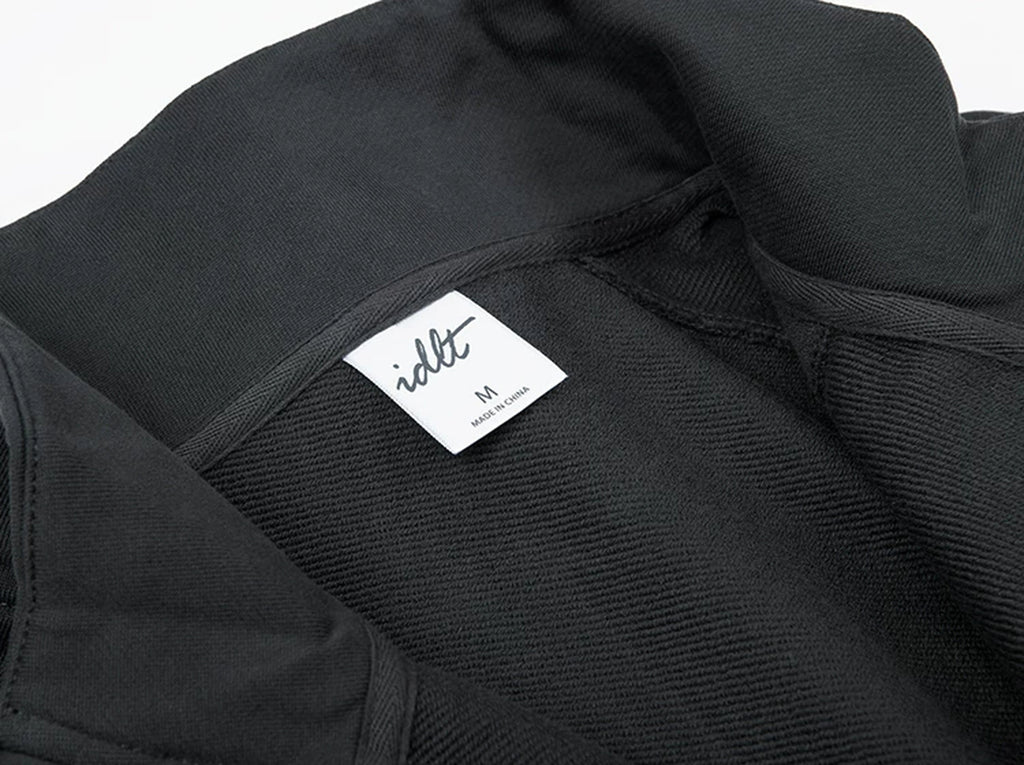 IDLT half zip sweatshirt, dark gray inner neckline label.