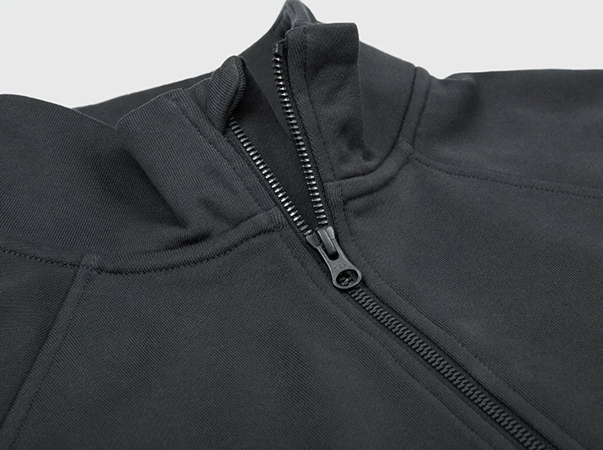 IDLT half zip sweatshirt, dark gray open half zip neckline.
