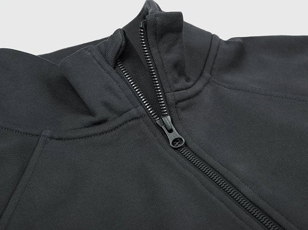 IDLT half zip sweatshirt, dark gray open half zip neckline.