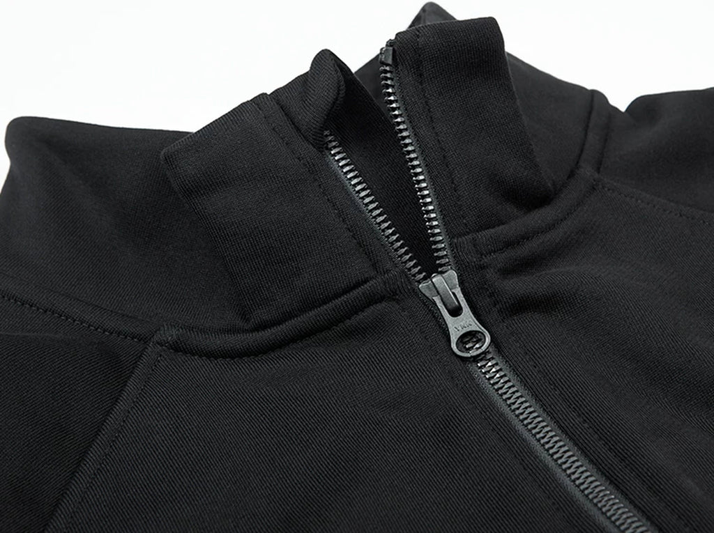 IDLT half zip sweatshirt, black open half zip neckline.